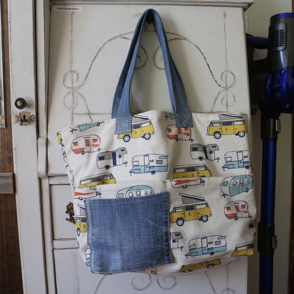 Handmade Canvas Tote Bag with Camper Print and Denim Pocket - Picture 6 of 7